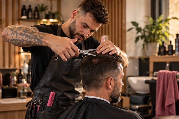 Barber schneidet mit Schere und Kamm am Oberkopf eines Kunden