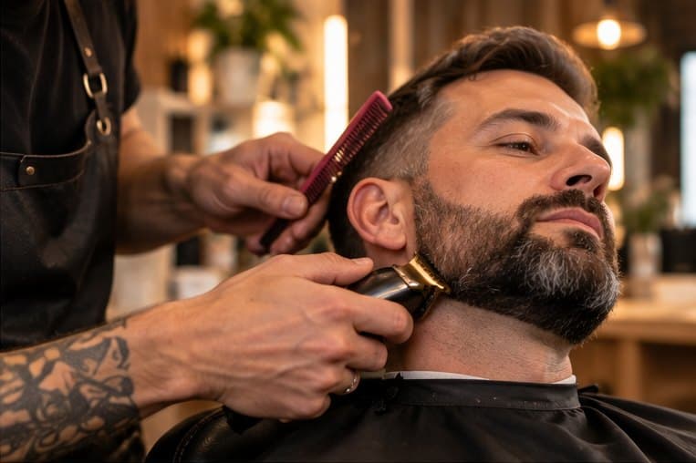 Barber trimmt mit Bartschneider und Kamm die Bartkontur eines Kunden