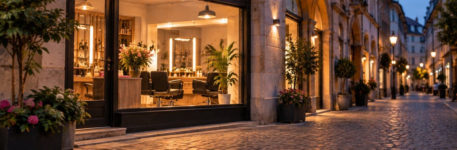 Beleuchteter Coiffeur-Salon in einer Altstadtgasse am Abend