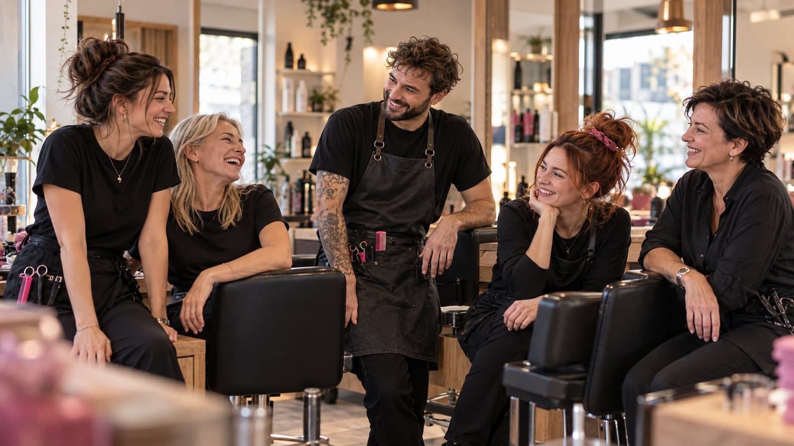 Salon-Team lacht gemeinsam im Salon