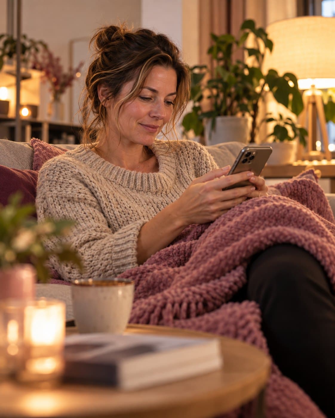 Frau bucht abends auf dem Sofa per Handy