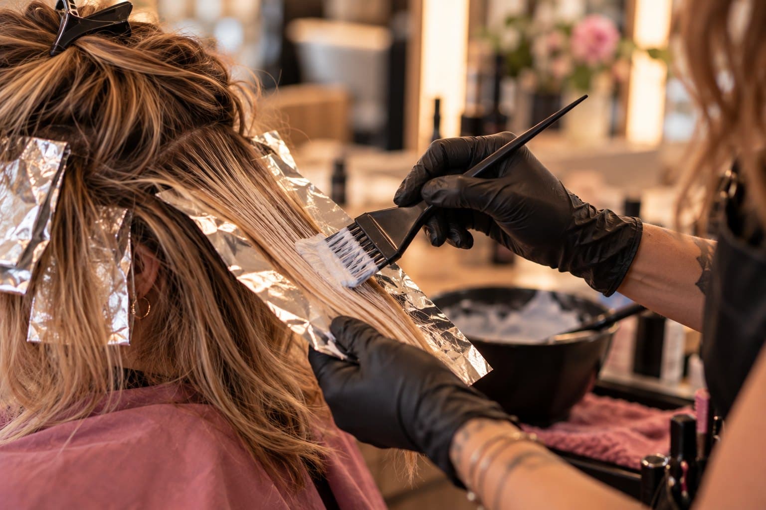 Coiffeuse trägt Blondierung mit dem Pinsel auf eine Strähne auf Alufolie auf